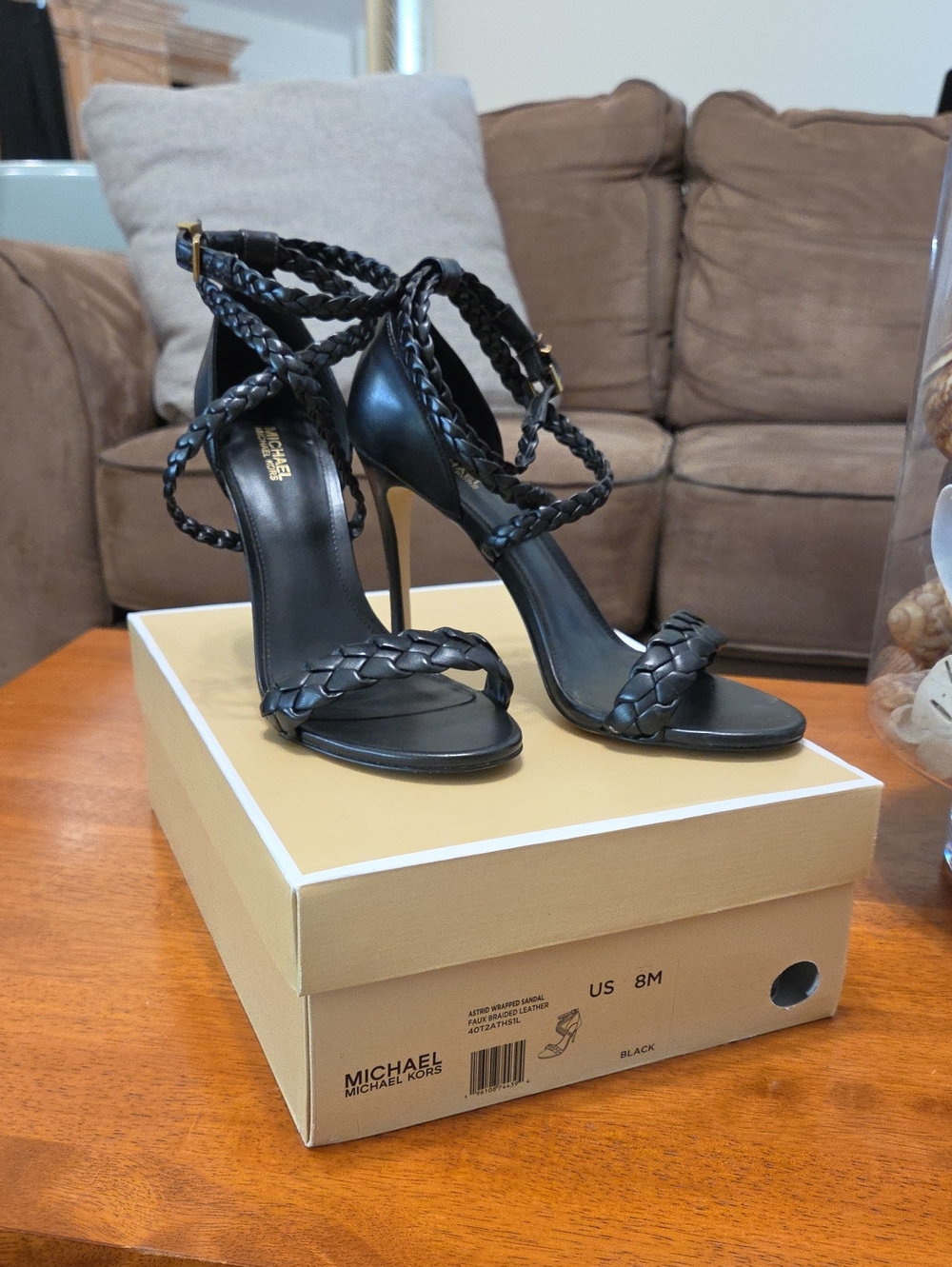 Michael Kors Black Braided Leather Strappy Stiletto Sandals